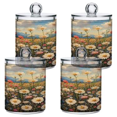 Imagem de ATTX Dispensador vintage para pintura a óleo de flores silvestres para bola de algodão, cotonete, frasco de boticário de plástico transparente, pote de armazenamento de cozinha para decoração de casa