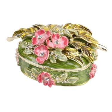 Imagem de Phefop Caixa de Joias Esmaltada Vintage, Armazenamento de Bugigangas de Grande Capacidade Com Design de Flor de Folha Banhada a Ouro e Cristais Brilhantes para Brincos, Anéis e Colares