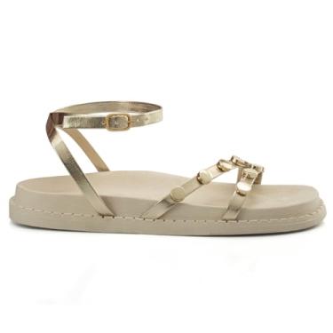 Imagem de Sandalia Feminina Plataforma Flat Papete Flatform Brilho Metalizado Enfeite Metal (Dourado, BR, Adulto, Numérico, 38)