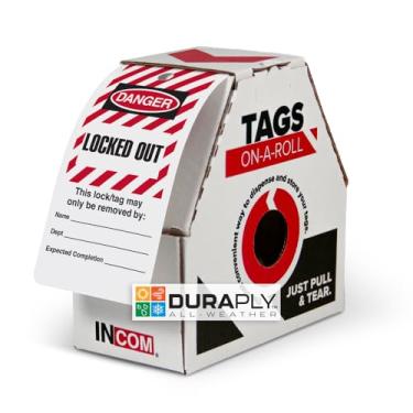 Imagem de Etiquetas de bloqueio em um rolo, perigo bloqueado | Estoque DuraPly resistente | À prova d'água e resistente a rasgos | Vermelho/preto sobre branco | 15,25 x 7,8 cm x 10 Mil de espessura (RT6027) (100)
