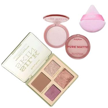 Imagem de Kit de maquiagem Paleta Contorno Blush Iluminador + Pó + Esponja para Pele Clara