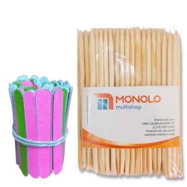 Imagem de Kit 100 Lixas Unha Mini + 100 Palitos Manicure Pedicure Podóloga Descartável Profissional Salão Brinde Marca MONOLO MULTISHOP (Colorida)