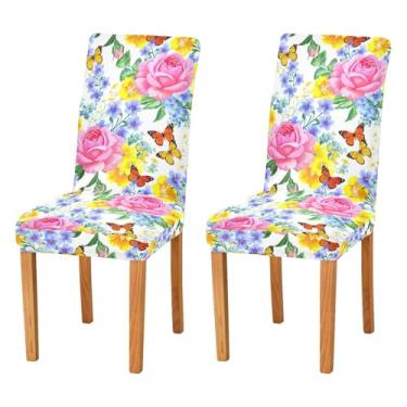 Imagem de Wassud Capas de cadeira de borboletas com estampa floral para sala de jantar, capa elástica para cadeira de cozinha, conjunto de 2 protetores de assento laváveis