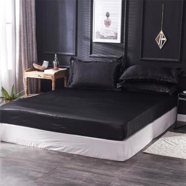 Imagem de XLCZMYL Jogo de lençol de cetim, lençol de cama de seda sintética, lençol de cima e fronha, cama queen size, para decoração de quarto, casa, preto, apenas 1 fronha