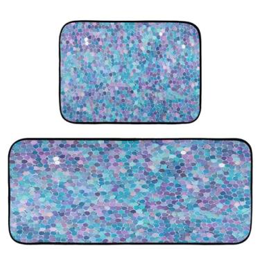 Imagem de Wassud Tapetes de cozinha com círculos de glitter azuis para decoração de casa, tapetes de cozinha acolchoados, antifadiga, tapetes de cozinha, antiderrapante, lavável, itens essenciais, conjunto de 2