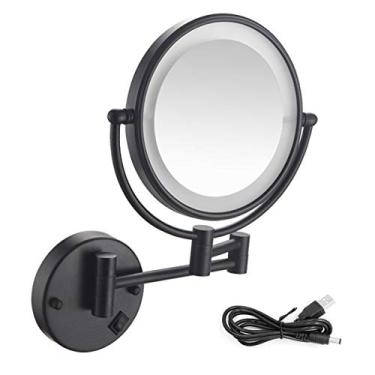 Imagem de YYBOES Espelho de maquiagem montado na parede com luzes, espelho cosmético com ampliação de 5x, espelho giratório de 360° extensível de dois lados para banheiro, recarregável por USB, preto