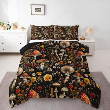 Imagem de jejeloiu Conjunto de cama de cogumelo, macio, para meninos e meninas, conjunto de edredom Queen Size kawaii, fungo, microfibra, plantas selvagens, botânico, decoração de quarto, 3 peças com 2 fronhas
