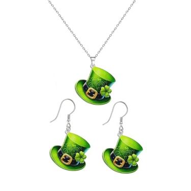 Imagem de Conjunto de joias irlandesas de chapéu mágico de folha de trevo verde para mulheres brincos pendentes de acrílico banhados a prata fofo pingente de trevo de boa sorte colar corrente ajustável joias
