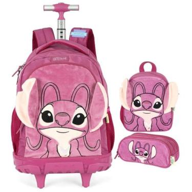Imagem de Kit Mochila Rodinhas Lancheira Estojo Peluciada Stitch - Luxcel, Rosa