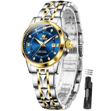 Imagem de OLEVS Relógio feminino de dois tons com vestido de data, relógio feminino para pulsos pequenos, luxuoso, fácil leitura, à prova d'água, azul/preto/dourado/prata, Pulseira dourada e prata face azul