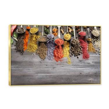 Imagem de NHLDZYH Moldura dourada. Arte de parede em tela de especiarias coloridas e colher de tempero | Decoração de cozinha vintage | Arte moderna para casa e sala de jantar. B18. 80 x 120 cm - 31,5 x 47,3
