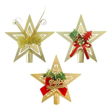Imagem de Estrela Ponteira Dourada para Árvore de Natal, Vazada com Laço Vermelho, Decoração Natalina, Acabamento Metálico