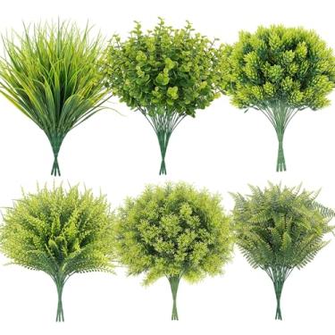 Imagem de ilauke Pacote com 6 caules de vegetação artificial resistentes a raios UV, plantas falsas para decoração de casa interna e externa, decoração de eucalipto sortida e muito mais para vasos
