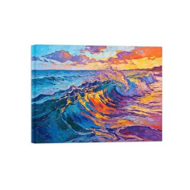 Imagem de BMZFYBS Tela de paisagem de arte de parede - Onda do mar Pôr do sol - Impressão de pintura de decoração moderna para sala de estar pronta para pendurar tela embrulhada 50 x 65 cm 20 x 26 pol