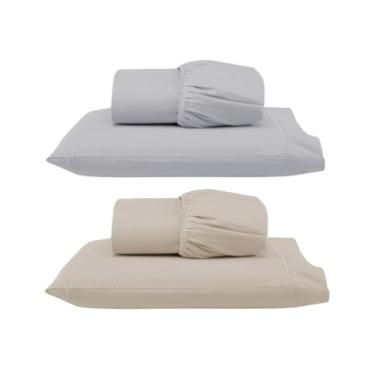 Imagem de Kit 2 Jogos de Lençol Solteiro com Elástico e Fronha Bordada em Ponto Palito, 4 Peças em Micropercal 300 Fios 100% Poliéster (2 Jogos Solteiro Versat (Cinza/Cáqui))