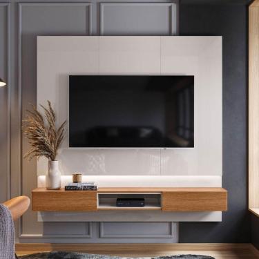 Imagem de Painel Paris Para Tv Até 70 Polegadas Com 2 Gavetas Iluminação Em Fita De Led Off White/jequitibá - Lukaliam