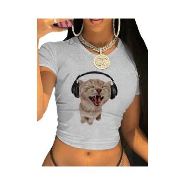 Imagem de Camiseta Cropped Feminina Com Estampa De Gato Harajuku, Camiseta Sexy 