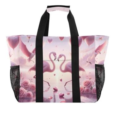 Imagem de ODAWA Bolsas de praia Flamingos resistentes à água para uso diário e natação, bolsa de verão leve e resistente à água, Flamingos Dia dos Namorados, One Size