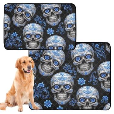 Imagem de TSENQUE Skulls Blue Swirl Floral Preto Pet Cat Pee Pad Reutilizável Lavável para Cachorros Almofadas de Xixi Impermeável Tapete Absorvente para Cachorros Almofadas de Penico, Pequeno x Pacote com 3