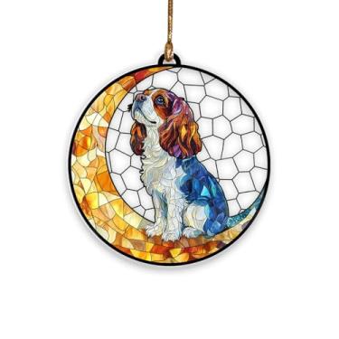Imagem de Adorável Cavalier King Charles Spaniel Ornamento, Cavalier Dog Sentado na Lua, Suncatcher, Decoração de Lua Crescente Acrílico, Ornamento para Animais de Estimação, Presentes Memorial de Cachorros