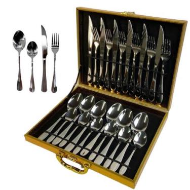 Imagem de Conjunto 24 Peças Talheres Inox com Maleta Faqueiro Elegante Beleza Se