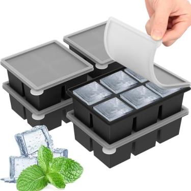 Imagem de 6 bandejas de silicone para cubos de gelo com tampa removível, grade de 4/6 de 5 cm, congelador quadrado, forma de cubo de gelo, lavável na lava-louças, para coquetel, uísque, suco, café