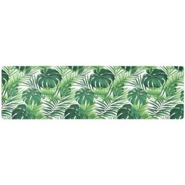 Imagem de Caminho de mesa longo com folhas de palmeira tropical Green Monstera, tapete de tripé resistente ao calor, acessórios de decoração de mesa de jantar