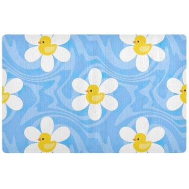 Imagem de TSENQUE Tapete de porta personalizado com flores de camomila azul pato tapete engraçado à prova d'água tapetes lamacentos para cães grandes laváveis tapetes de entrada internos para casa 81 x 50 cm