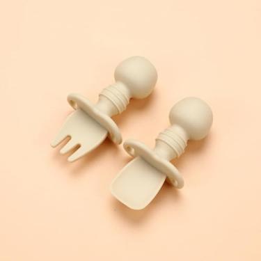 Imagem de Conjunto de utensílios de alça curta – Conjunto de garfo e colher de silicone reutilizável, utensílios de mesa compactos para refeições