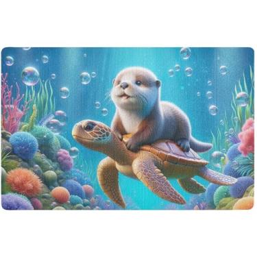 Imagem de TSENQUE Tapete de porta personalizado tartaruga marinha lontra mundo subaquático Halloween tapete impermeável para cães, tapete externo absorvente para porta frontal entrada externa 81 x 50 cm