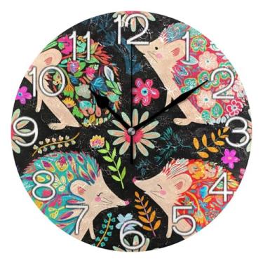 Imagem de GAIGEO Relógio de parede analógico decorativo operado por bateria silencioso sala de aula relógio de escritório, sala de estar moderna, decoração de parede animal colorido, flor floral, preto, 25 cm