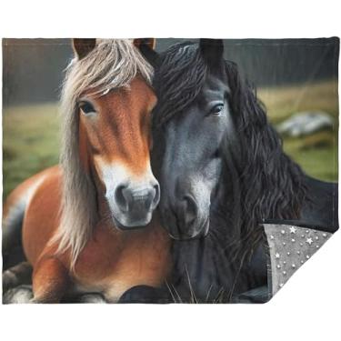 Imagem de Cobertor macio personalizado com estampa de cavalos fofos para sofá 178 cm x 139 cm, cobertores de sofá grandes para mulheres e homens, cobertor verde sherpa