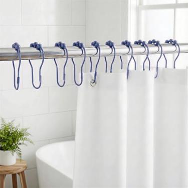 Imagem de 12 anéis de ganchos de cortina de chuveiro, ganchos de chuveiro de metal à prova de ferrugem para varões de banheiro, resistente, design de bola - ciano