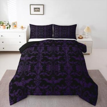Imagem de jejeloiu Conjunto de edredom com estampa de damasco roxo para adultos, vintage, boêmio, floral, estilo barroco, para meninos, meninas, adolescentes, temática de Halloween, edredom para decoração de