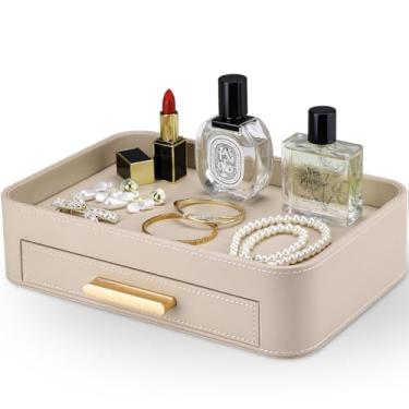 Imagem de GORESA Organizador de mesa de cabeceira com gaveta, bandeja de vaidade de couro de poliuretano para guardar todas as bandejas para bugigangas, chaves de perfume, bolsa de relógio, colônia, presente