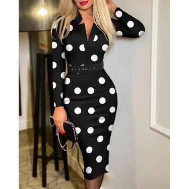 Imagem de Vestido Tubinho com Estampa Total, Gola V e Cinto - Manga Longa, BR-G,