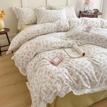 Imagem de Conjunto de cama para meninas estampa floral babados flor rosa capa de edredom queen size capa de edredom de renda princesa romântica capa de edredom de algodão floral boho flor fofa flor botânica