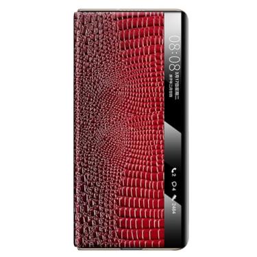 Imagem de POYUFRG Capa galvanizada para Huawei Mate X7, capa de couro genuíno com estampa de crocodilo empresarial leve e luxuosa, capa flip para janela de visualização inteligente, vermelha, Mate X7