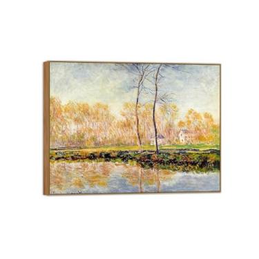 Imagem de BMZFYBS Claude Monet Famosas Impressões em Tela de Parede Prontas para Pendurar - Margens do Rio em Giverny - Pintura em Moldura de Madeira para Decoração de Sala de Estar 30 x 40 cm 12 x 16 pol