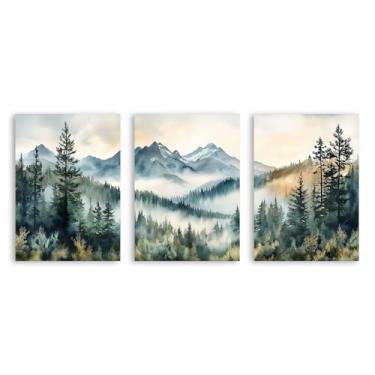 Imagem de 3 peças de arte de parede floresta nebulosa impressão aquarela montanha decoração de parede paisagem natureza árvore abstrata pintura moderna para sala de estar (SKU2-3PCS, 12 x 16 polegadas = (30 x