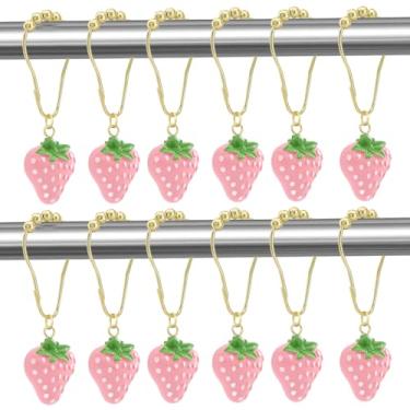 Imagem de TJSKD Ganchos de cortina de chuveiro, 12 peças de anel de gancho de cortina de morango, clipes de gancho de cortina de chuveiro à prova de ferrugem, anéis de gancho decorativos para varão de cortina