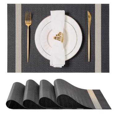 Imagem de Leetaltree Jogo americano listrado metálico, conjunto de 4, tapetes de PVC com fios dourados, tapetes de mesa laváveis à prova d'água para balcão de cozinha, jogo americano sem rugas (preto e dourado)