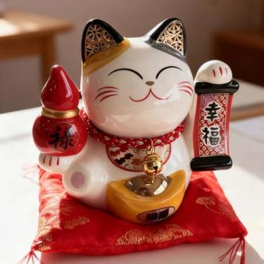 Imagem de FENNYYAR Gourd Maneki-Neko cerâmica com sino e almofada vermelha, 14 cm 13,7 cm, decoração de escritório doméstico estátua de gato da sorte