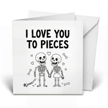 Imagem de SHSEEN Cartão engraçado de dia dos namorados, cartão de aniversário para marido esposa, caveira de esqueleto, piada de amor gótico assustador. I Love You To Pieces Trocadilho presentes para ele ela