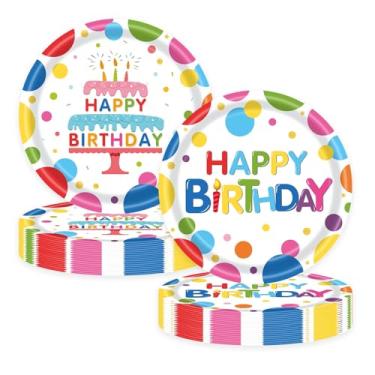 Imagem de LYFREE 50 peças de pratos de papel de feliz aniversário, suprimentos de festa, 18 cm, pratos de sobremesa descartáveis, conjunto de utensílios de mesa para meninos e meninas, aniversário, reuniões de