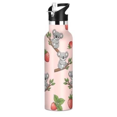 Imagem de Garrafas de água rosa fofas coalas morangos com tampa de canudo garrafa de água isolada de aço inoxidável para crianças adolescentes 590 ml copos de viagem à prova de vazamento sem BPA para crianças