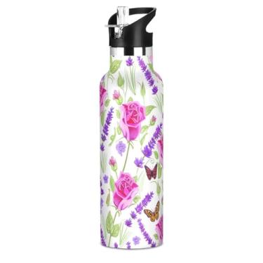 Imagem de Joisal Garrafas de água de aço inoxidável isoladas de 590 ml com tampa de canudo para bebidas frias ou quentes, rosa borboleta lavanda livre de BPA à prova de vazamento copos de viagem para meninos e