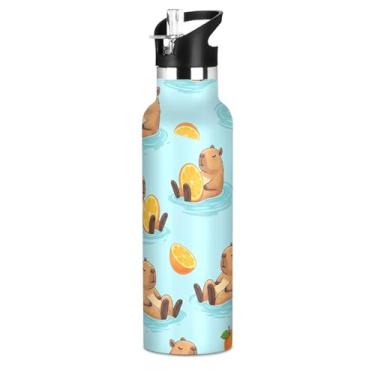 Imagem de Joisal Garrafa de água isolada de aço inoxidável de 590 ml com tampa de canudo para bebidas frias ou quentes, lindas capivaras laranjas à prova de vazamento, livre de BPA, copos de viagem para