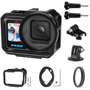 Imagem de Capa de alumínio para GoPro Hero 13/12/11/10/9 preta - Moldura de gaiola de metal com filtro de lente UV, suportes duplos de sapata fria e porta de carregamento - Capa protetora profissional para