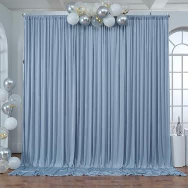 Imagem de Cortina de fundo azul empoeirado de 3 m x 3,7 m sem rugas, 2 painéis de 3 m de altura, pano de fundo de poliéster sedoso para fotografia de aniversário, pano de fundo de festa drapeado